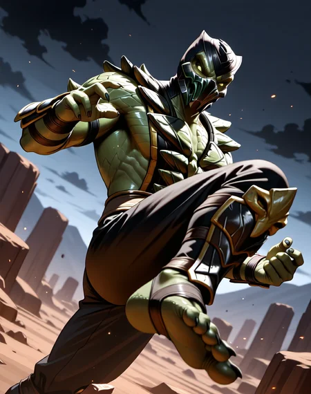 <lora:Reptile_X_(Mortal_Kombat)_(Illustrious)_(AD):1> Reptile_MK, muscular, Mortal Kombat, 
dutch angle, exterior, monumental architecture, wasteland, dark night sky with black clouds, 
male focus, gradient coloring, villain, intimidating, fierce, side kick, 
BREAK very awe, aesthetically pleasing, masterpiece, best quality, amazing quality, very aesthetic, perfect depth of field shot, in'ei, source_furry, furry_art, 
Smooth Quality, lazympos, IllustQualXL_Pos,