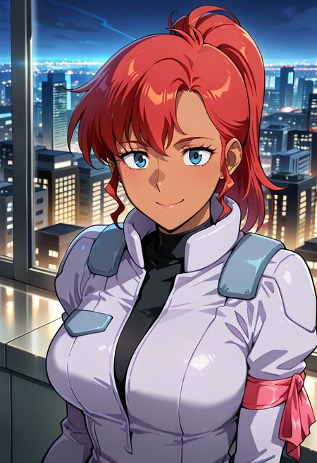 ((masterpiece, absurdres)), best quality, amazing quality, newest, 4k, anime coloring, very aesthetic, ray tracing, Smooth Quality, CG,city view,kate, 1 mature female, red hair, pony hairstyle, dark blue eyes, pilotsuit, gloves, turtleneck t-shirt, arm ribbon,brown skin,,upper body, smile