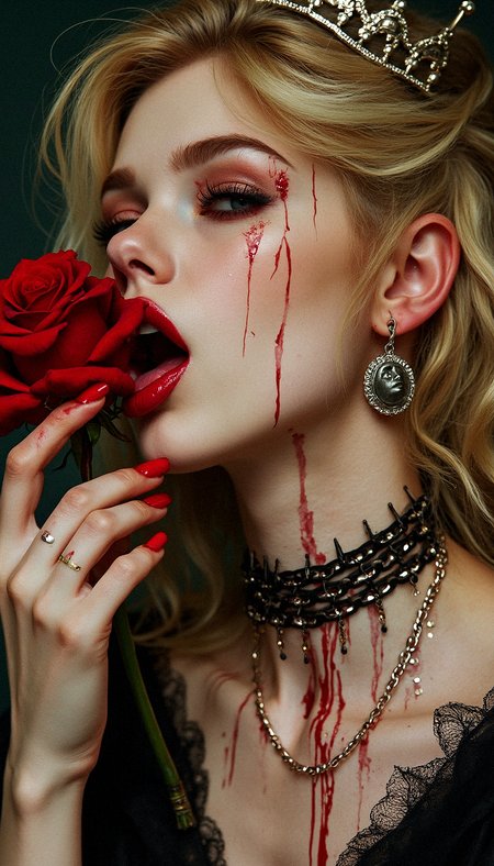  a beautiful blonde, 3/4 view portrait, holds a rose near her lips, other hand on cheek, tongue out, the woman's neck tied by chains,  red paint flows down the rose, a girl licks drops of red paint, a crown on her head, a choker with the moon on her neck, decadence, a supermodel of the 90s, powerful villian, clever villian, deatcore, vampire style, horror style, dynamic poses, darkly romantic illustrations, southern gothic, World of Darkness, bloodbath
