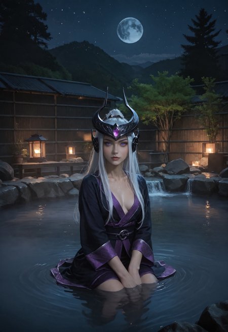 safe_pos, score_9, score_8_up, score_7_up, score_6_up, rating_explicit, score_9, score_8_up, score_7_up, a beautiful girl, (only wears a purple silk bathrobe) subsurface scattering, Photorealistic, Hyperrealistic, analog style, realistic, film photography, soft lighting, photo, cinematography, high resolution, 8k, syndra, white hair, purple eyes, night view, full moon, ruanyi0653,onsen,fence,rock,water,fog, seducting look