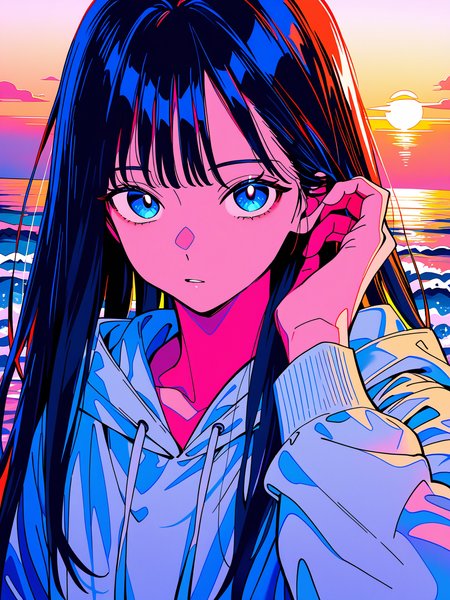 best quality, masterpiece, newest, perfect composition, very awa, jaggy lines,  limited palette,limited palette, oil painting \(medium\),  traditional media, dutch angle,  foreshortening, face focus, black hair, white hoodie,  adjusting hair, 
1girl, upper body, solo,  multicolored hair, straight hair, blue eyes,  <lora:vivid:0.6>, 
outdoors, evening, film grain, sea, <lora:spo_sdxl_10ep_4k-data_lora_webui:1>, (artist:ixy:0.5)
