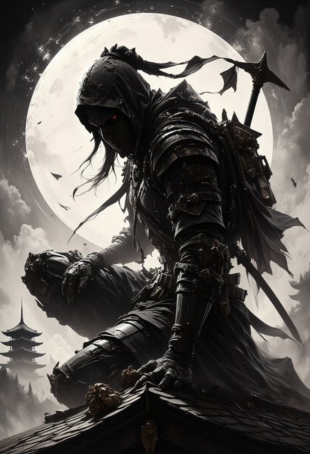 Silhouette Art, magnificent. detailed renaissance oil painting, masterpiece, FredFraiStyle, female japanese ninja assassin, hood, chiascuro, weapons, directional lighting, masterpiece, perfect composition, perfect hands, kneeling on roof of pagoda temple, silhouetted with light illuminating one side of face