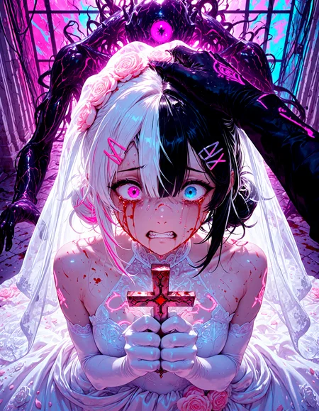 smooth positive, masterpiece, best quality, good quality, newest, highres, absurdres, 8K, bright colors, scenery, (volumetric lighting), multicolored background, from above, neon palette, wide angle, portrait, blood on hands, blood on face, scared, 1girl, streaming tears, holding cross, hairclip, (split-color hair:1.3), black hair, whitehair, heterochromia, body markings, clenched teeth, wedding dress, bridal veil, elbow gloves, corruption, headpat, eldritch abomination, 
smooth positive, masterpiece, best quality, good quality, newest, highres, absurdres, 8K, bright colors, scenery, (volumetric lighting),  <lora:add-detail-xl:1>  <lora:illustriousXL_stabilizer_v1.72:0.8>