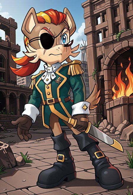masterpiece, best quality, amazing quality, high detail, absurdres, Patch D'Coolette, male solo, fire on ground, ruins, outdoors, building, weapon, sheathed, tail, looking at viewer, green jacket, black boots, gloves, eyepatch, scar, blond hair, blue eyes, ruble, gray sky