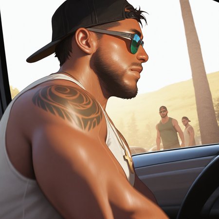 <lora:JASON_GTA:1>jason_gta, solo, short hair, shirt, black hair, 1boy, hat, closed mouth, jewelry, white shirt, upper body, male focus, outdoors, multiple boys, shorts, sleeveless, glasses, solo focus, day, dark skin, 2boys, necklace, from side, black headwear, sleeveless shirt, muscular, tattoo, facial hair, muscular male, sunglasses, pectorals, dark-skinned male, tank top, bara, baseball cap, beard, reflection, mature male, green shirt, mustache, realistic, arm tattoo, shoulder tattoo, white tank top, photo background, backwards hat, blurry, cross, motor vehicle, car, cross necklace ,dynamic perspective, detailed background, motion blur, film grain, abstract, natural lighting, fantasy, cinematic, dynamic view, tilted angle, very awa, masterpiece, best quality, absurdres, newest, perfect quality, detailed background, intricate details, (artist:fl \(l-fl\):0.7), (artist:tooboshoo:0.7), (artist:dizdoodz:0.8)