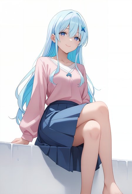 score_9_up,score_8_up,score_7_up,<lora:Lily AOI v1.0_pony-000030:1>,
solo,1girl,smile,
MCL_LA,multicolored hair,blue hair,hair between eyes,blue eyes,
looking at viewer,long hair,closed mouth,simple background,collarbone,white background,full body,feet out of frame,
blue skirt,pink shirt,long skirt,blue skirt,pleated skirt,sitting,crossed_legs,from_below