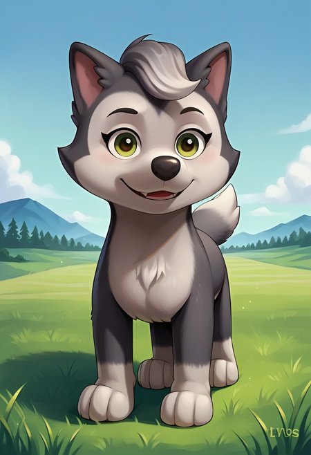 BREAK score_9, score_8_up, score_7_up, source_anime, front view, 1girl, solo, Gasket_PP, feral, dog, alaskan malamute, two tone fur, gray-white, grey tuft, green eyes, fluffy tail, grass, detailed background, day, sun, blue sky,