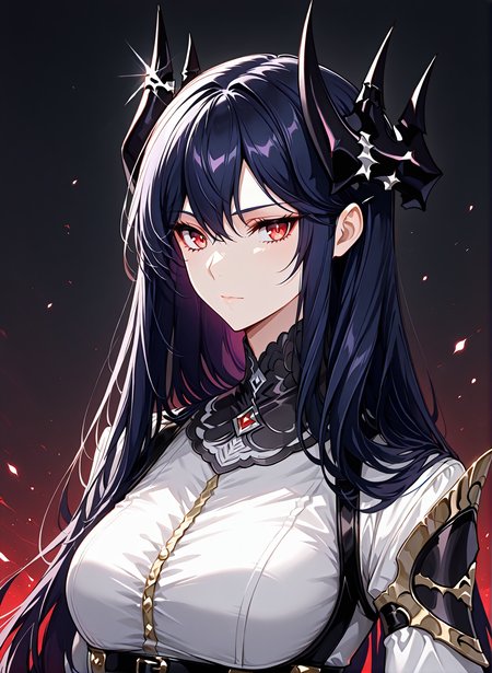 <lora:Caera_Denoir__The_Beginning_After_the_End__Illustrious (1):1>
Caera Denoir, 1girl, solo,dark blue hair, long hair, intricate demon horns, red eyes, tight white blouse with golden buttons, , high-waisted black fitted pants, black gloves, black high-heeled boots, gothic armored shoulder pad, 
Caera Denoir, masterpiece, best quality, intricate details, gothic fantasy, upper body portrait, dramatic pose, black long hair with purple highlights, demon horns, red eyes, confident gaze, white blouse with black leather harness, black gloves, cinematic lighting, elegant dark atmosphere, fantasy gothic background, clean background, glowing magical particles, detailed face, vibrant colors