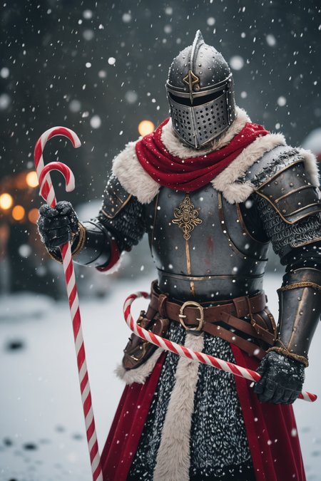 cinematic photo dark souls warrior with (santa costume:1.2),holding candy cane,snowing . 35mm photograph, film, bokeh, professional, 4k, highly detailed