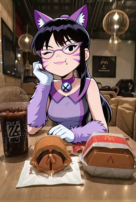 <lora:nyancychan-10:1> nyancychan, black hair, 1girl, long hair, cat ears, purple glasses,  claws, gloves, neck bell, purple choker, whisker markings, ponytail, pink pants, short dress, sleeveless, sharp canines, pink lipstick, expressive, facial expression,(( cartoon, screencap)), <lora:Im_On_a_Dinner_Date_What_Do_I_Say_Hes_So_Cute__Meme_Pose_Concept__IllustriousXL_and_NoobAI:1> burgerdate, :t, closed mouth, eating, holding, holding food, looking at viewer, pov across table, burger, fast food, burger on table, photo background, wooden table, soda, cola, drink, napkin, , dinnerdate, one eye closed, smile, open mouth, photo background, indoors, sitting, looking at viewer, arm on table, pov across table, drinking glass, cup, masterpiece, best quality, amazing quality, very aesthetic, absurdres, newest,
