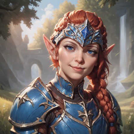 (((beautiful, high quality))), upper Body, score_9, score_8_up, score_7_up, Elf, pointed ears, small ears, auburn hair, hair braid, wide hips, curvy, 1girl, blue eyes, looking at the viewer, dynamic pose, blurred background, in the style of jeff-easley, oil painting, realistic, smile, (blue armor:1.2), massive armor, narrowed eyes, helmet, youthful face, lips closed, 