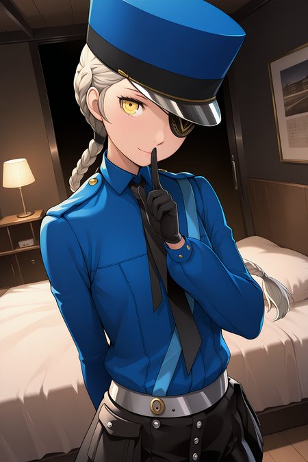 1girl,
JustinePersona,
general, solo, pov dating, dynamic angle, upper body,
eyepatch over the left eye, police hat,
blue shirt, black gloves, black necktie, grey belt, black shorts,
dating, looking at viewer, light smile, shushing, arm behind back,
indoors, black theme, shed, bed, 
<lora:kp_CarolineAndJustinePersonaIllustrious_v1_0:1.0>,
masterpiece, best quality, amazing quality