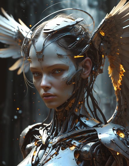 biomechanical cyberpunk A photorealistic portrait of a merciless archangel, their face a vision of divine beauty and unwavering resolve. Their eyes, windows to a soul hardened by countless battles, burn with an intensity that pierces through the veil of reality. Their expression is a symphony of conflicting emotions: righteous fury, unwavering determination, and a hint of sorrow for the fallen. Their wings, a majestic expanse of shimmering feathers, are spread wide, casting a shadow of divine judgment upon the world. The background is a maelstrom of celestial energy, swirling with nebulae, stars, and distant galaxies, creating a sense of infinite power and cosmic scale. The lighting is dramatic, highlighting the archangel's sculpted features and the intricate details of their flowing hair and wings. The overall effect is one of awe and reverence,  <lora:MJ52.safetensors:0.60>   . cybernetics, human-machine fusion, dystopian, organic meets artificial, dark, intricate, highly detailed