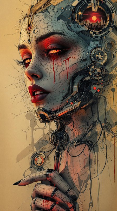medieval romanticism neon glowing contoured filigree detailed transparent character layered rough textured comic syle ,artistic robotic body, podcast microphone in hand, masterpiece portrait cinematic magic art nouveau collage by Mucha flat perspective, high contrast, hyper realistic, intricate details ,dynamic intricated pose made of swirling colors on cracked scars and wounds close up dynamic color blood on the face abstract expressionism alcohol ink drawing double exposure swirling spiral diptych two parts in one art landscape ink cinematic portrait on cracked old antique burned paper, transparent earth panorama poster ultra detailed complex print transparent illustration detailed perfect face city lights , city panorama red sunset dynamic movement Craola Kuindzhi Dan Mumford Andy Kehoe expressive brushstrokes mixed with wash masterpiece , transparence intricated lighting, dynamic shadow play sparks , high deepness cinematic foggy