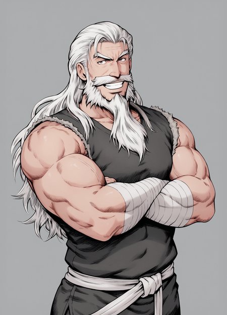score_9, score_8_up, score_7_up, score_6_up, score_5_up, score_4_up,  fighting position, 1boy, male focus, solo, muscular, smile, facial hair, long hair, beard, (long beard), crossed arms,  long hair, grin, mustache, old, looking at viewer, old man, bandages, simple background, traditional media, manly, 
   <lora:matsuena_shun_style:1>