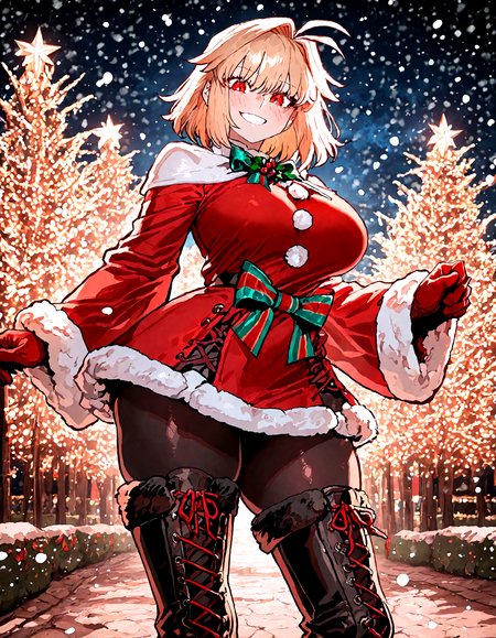 1girl , arcueid_brunestud, blonde_hair, blush, boots, bow, breasts ,cross-laced_footwear dress ,fur-trimmed_dress, fur_trim ,gloves ,green_bow ,hair_intakes,  lace-up_boots,looking_at_viewer ,medium_breasts ,medium_hair ,multicolored_bow ,red_bow ,red_eyes, red_gloves, santa_costume, smile, snowing ,solo,thighs ,waist_bow , wide_sleeves, outdoor,night sky, black pantyhose,
park,
ireading , ssambatea, quasarcake,looking_at_viewer , xmas_style_2K24,
masterpiece, best quality, amazing quality, very aesthetic, absurdres,  newest, <lora:ponyv5_noobE11_1_adamW:0.6>, <lora:add-detail-xl:0.5>, <lora:cfg_scale_boost:0.5>, <lora:Xmas_2k24:0.5>, <lora:ATNR STYLE_XL_P:0.7>