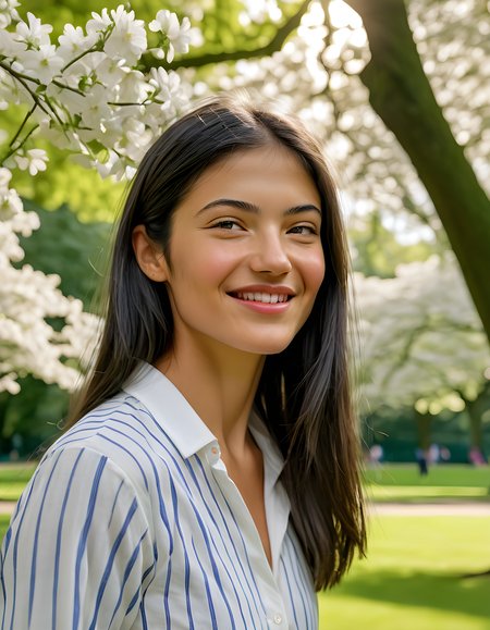 emmaraducanu, In the vibrant, early-morning light of a quaint London park, an athletic and poised Emma Raducanu is captured in a captivating portrait. With her raven-black hair cascading around her shoulders, she wears a crisp white shirt adorned with subtle blue stripes, her lips curved into a warm smile that exudes confidence and grace. Her eyes are closed as if savoring the serenity of the moment, her body slightly tilted towards the camera, creating an intimate connection between subject and observer. The verdant park, filled with blooming flowers and towering trees, serves as a lush backdrop to this stunning portrait of determination and beauty.