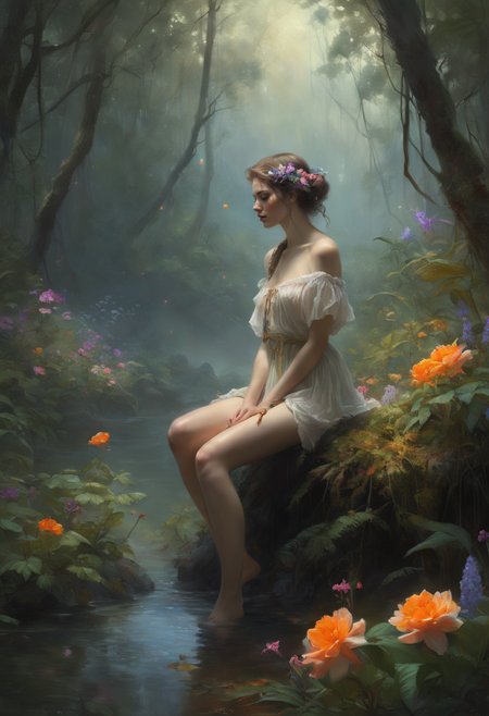 breathtaking detailed soft painting of the edge of the forest with ringing flowers od dream, a girl with a lip of mandarine with crossed knees in a light deluge, shadowed nudity through rainbow, flora and sea, rembrandt style, elegant, highly detailed, artstation, concept art, matte, sharp focus, art by tom bagshaw, luis royo and greg rutkowski