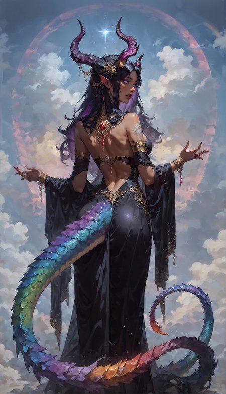 score_9, score_8_up, score_7_up,  1girl, solo, monster girl, dragon girl, dragon horns, (dark skin:1.5), (tan skin), purple eyes, slit pupil, crystal horns, rainbow cristal horns, jewels, jewels on horns, beautiful clothing, beautiful, perfect shape, white tattoos, black hair, (purple inner hair), proeminent background, cloud hair, (rainbow scales:1.5), (rainbow dragon tail), night, dark shades, prominent background, fullbody, (ceremonial outift:1.2), gold trim, amethysts, detailed, roses, dynamic pose, back view, look over one's shoulder  <lora:Expressive_H-000001:1.0><lora:Concept Art Twilight Style SDXL_LoRA_Pony Diffusion V6 XL:0.8><lora:vixon gothic oil style:0.7>