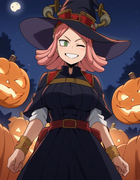 score_9, score_8_up, score_7_up, source_anime, <lora:mei-hatsume-s3-ponyxl-lora-nochekaiser:1>, mei hatsume, yellow eyes, pink hair, medium hair, symbol-shaped pupils, large breasts,, <lora:witch-ponyxl-lora-nochekaiser:1>, witch, hat, witch hat, dress, halloween, halloween costume, jewelry,, night, moon, blush, smile, one eye closed,, , dutch angle, cowboy shot