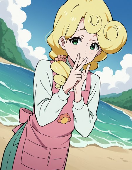 score_9, score_8_up, score_7_up, source_anime, <lora:kaori-hanase-s1-ponyxl-lora-nochekaiser:1>, kaoru hanase, long hair, blonde hair, hair over shoulder, green eyes, curly hair, otoko no ko,, apron, shirt, collared shirt, long sleeves, pink apron, denims, pants,, beach, sand, waves, sun, ocean, , v, v over mouth, smug,, looking at viewer, solo,, dutch angle, cowboy shot