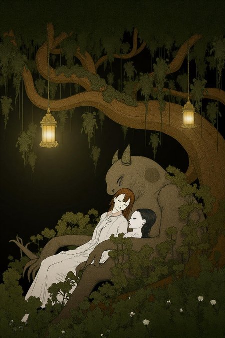 kchiba1 illustration. 
A woman and a sleeping demon. The woman sits gracefully under a sprawling tree with lush, curving branches and hanging vines. Her expression is calm and serene as she gazes thoughtfully into the distance. Resting his head gently on her lap is a large demon with a powerful, otherworldly presence. The demon, though fearsome in size, appears vulnerable as he lies beside her. His skin has a muted, earthy tone, and his features--sharp and beastly--are softened by a look of weary contentment. His claws are retracted, and he exudes a mixture of strength and peace in her presence. The tree's twisted branches arc above them, framing the scene like a natural canopy. Golden lamps hang from the tree, casting warm, soft light, illuminating the two figures in a magical glow 
 <lora:kchiba1_cap_d6a3:1.0><lora:837666344108388223:0>