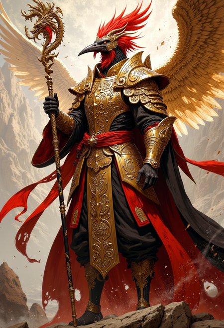 Visualize a red-crowned crane warrior in golden and red armor, holding a staff with a dragon design, embodying grace and wisdom.