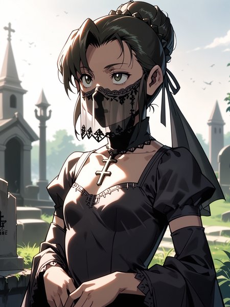 <lora:happy_tentacle-fabiola-v0.2-000026:1>, ht_fabiola, single hair bun, , , (upper body, solo:1.1) (petite:1.2), <lora:Shed_The_Skin's StS_age_slider_v1_initial_release:-1.1> ( , , ( :1.2) , , looking up :1.1) , outdoors, vegetation, (overgrown :1.1), , (dawn :0.6), (blue sky:0.6) , (:0.5), , (gothic architecture :0.8), graveyard, funeral, (funeral dress, black dress, black veil:1.3) ( :0.8) score_9, score_8_up, score_7_up, score_6_up, score_5_up, score_4_up, [(realistic, photorealistic:1.2):(realistic:1.2):14], [(3d:1.2)::12], <lora:LUUNA's Lunas-NijiJourney-SDXL-B2:0.5>, nijijourney <lora:prgfrg23's Counterfeit-V3.0 Style SDXL_LoRA_Pony Diffusion V6 XL:0.5> <lora:mfcg's mfcgXL:0.12> <lora:reweik's gyokai(himehajime)_PonyXL_style_v01:0.14>