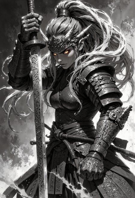 In a meticulously crafted black and white pencil sketch, an intense and formidable Japanese female warrior stands resolutely, her powerful stance radiating strength and determination. She grips a gleaming katana with intricate engravings that shimmer with an otherworldly brilliance, holding the blade up to her fierce, focused expression. The katana's reflective surface captures the haunting visage of an ancient mythical Japanese demon, its menacing features and exaggerated, luminous eyes glaring back at her with palpable menace.   Each stroke of the pencil showcases the finest details: the warrior's muscular arms, adorned with protective armor that glints subtly under the light, and the sharp, intricate patterns that run along her battle-worn garments. Her long, flowing hair billows dramatically around her, expertly blending into the shadowy depths of the background, where swirling mist seems to hint at the presence of other spirits.   The overall composition is both haunting and mesmerizing, evoking a sense of urgency and tension, as if the warrior is readying herself for an epic confrontation. Every element in the scene, from the delicate texture of her skin to the finely detailed etchings on the katana, contributes to a visually stunning masterpiece that draws the viewer into a world steeped in tradition, mythology, and the unbreakable spirit of the warrior., bo-abyss, Anime style<lora:Flux/MJanime_Flux_LoRa_v3_Final.safetensors:0.5:0.5> <lora:Flux/boFLUX-digital-abyss.safetensors:0.5:0.5> <lora:Flux/MysticFantasy.safetensors:1.0:1.0>