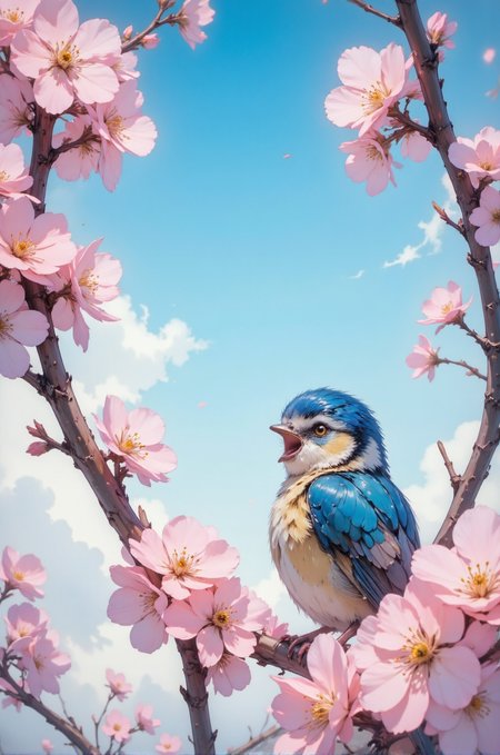 This is a vivid photograph capturing a small bird perched on a branch adorned with delicate cherry blossoms. The bird, likely a male blue tit, has striking blue feathers on its head, wings, and back, with a lighter blue underbelly. Its tiny beak is open as if singing, adding a sense of life and motion to the scene. The bird's feathers appear soft and fluffy, contrasting with the smooth texture of the blossoms.
The cherry blossoms are in full bloom, with soft pink petals and vibrant yellow stamens. The branches are thin and slightly curved, supporting several clusters of flowers. The background features a serene sky with a gradient of soft blue, transitioning to a lighter shade near the horizon, and scattered fluffy white clouds, suggesting a peaceful spring day.
The composition is well-balanced, with the bird positioned slightly to the right, allowing the blossoms to frame the image naturally. The overall atmosphere of the photograph is tranquil and picturesque, capturing the beauty of nature in a moment of serene stillness. The sharpness of the image and the clarity of the details make it feel almost like a painting, but with the realistic quality of a photograph.
 <lora:DarksunRIDDV3:0.5> <lora:flux_hyperkraximalism-balanced:0.5> <lora:Midjourney_-_SemiReal_Dreams_FLUX_LoRA:0.5> <lora:CPA:0.5> <lora:Anime_realistic_v2:0.5> Realistic anime style <lora:BLUE_mk4_angel_FLUX_01:0.5>