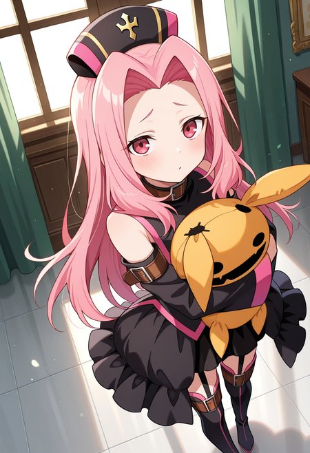 god rays, royal palace, indoor, floor reflection, 
BREAK,
standing, neutral expression, holding stuffed toy,
full body, dynamic angle,
BREAK,
<lora:arietta_illustriousXL_v04:0.9> 
ariettadef, black headwear, pink hair, pink eyes, very long hair, parted hair, 
zettai ryouiki, detached sleeves, frills, black dress, 
garter straps, thighhighs, thigh boots,, source_anime, very aesthetic, anime coloring, masterpiece, 
best quality, amazing quality, ultra detailed, very aesthetic, 
detailed background, 
BREAK,
