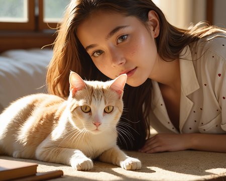 raw Photo,cinematic film still,(((detailed facial features))),(very detailed skin:1.2),realistic details,close-up,
amazing quality,simulated film particles,wallpaper,analog film grain,detailed character expressions,full_shot,from_above,ass_focus,
(masterpiece, 8k, ultra realistic, perfect lighting, photography from above:1.5),light red and amber,
In the morning, in a bedroom, sunlight shone through the window. The bedroom had no lights on, and a 20-year-old girl was squatting in front of the desk, wearing pajamas. There was a white cat on the table, and the 20-year-old girl was teasing the cat with her hands. Her face and body were blocked by the desk, and she could only see her eyes and mouth. The 20-year-old girl's gaze was on the cat, and she was looking straight at the cat (an ant was crawling over the table), (The cat is observing ants), the golden sunlight shines on the 20-year-old girl and the cat, projecting beautifully.
<lora:sd_xl_dpo_lora_v1:0.4>,