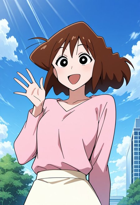 score_9, score_8_up, score_7_up, ASCII score_9, source_anime, 8K,best quality, hyper detailed,masterpiece, UHD,illustration,misae nohara, 1girl, solo, brown hair, open mouth, shirt, skirt, long sleeves, upper body, smile, black eyes, anime art style,sky, blue sky