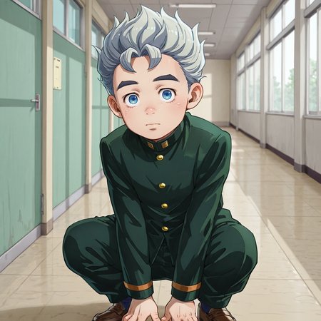 Boy squatting in school hallway, solo, koichi hirose, looking at viewer, gakuran, green blazer, green pants, brown shoes, dark blue socks, silver hair, blue eyes,   <lora:Koichi_Hirose:0.8>