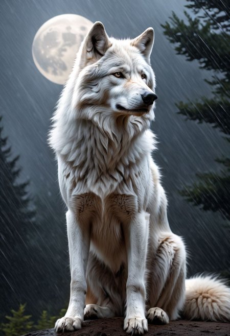 white-gray wolf, sad, determined. lonely but proud wolf, abandoned by his friends, looking at his friends from far away, (((howling))), extremely sad composition, masterpiece, bright fur, Royal, in a heavy rain, full moon, it's head is down, Photorealistic, volumetric shading, Hyperdetailed, perfect composition, beautiful detailed, 8k artistic photography, volumetric cinematic perfect light, award - winning photograph,