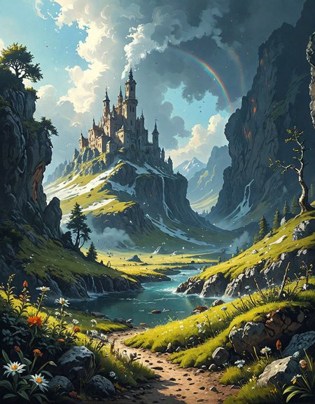 Alpine tundra dotted with edelweiss, birch bark peeling scrolls,Nanotech sand painting self-erasing histories, Fogbow dawn: White rainbow materializing in freezing mist, winds unweaving/reknitting fabric of reality, bi-monthly algae blooms painting seas neon,Bionic dusk charging implant networks, Thickets of roots generating localized gravity fields,
artstation, trending on artstation, highly detailed fantasy art, stocking, intricate, elegant, highly detailed, centered, digital painting, concept art, smooth, sharp focus,group of travelers in landcscape,
<lora:tbh124-sdxl:0.15> style of Jean-Antoine Watteau,
<lora:tbh112-sdxl:0.15> style of Gregory Fromenteau
<lora:add-detail-xl:0.7>
<lora:Flux-XL_Scenery:0.15> flux-scenery,
<lora:Flux-style-xl-lora:0.15> flux-style
<lora:1dkXLP:0.15> 1dk,
<lora:extremely_detailed:0.7> extremely detailed, 
<lora:PainterlyFantasiaFlux:0.5> Digital painting style, 
 <lora:tbh297-sdxl:0.3>,, Baroque art style, dynamic composition, dramatic lighting, rich colors, intricate details, professional-grade execution, captures the grandeur and theatricality of the Baroque period