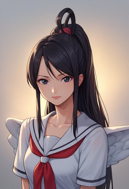 score_9, score_8_up, score_7_up, score_6_up, score_5_up, score_4_up, 1girl, laki, wings, school uniform, black hair, ponytail, sidelocks, hair knot, black eyes, looking at viewer, cute, source_anime, <lora:Laki_pony:1>