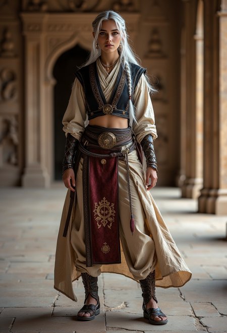 [Camera positioned to capture entire figure from ground to head, wide composition, ensure feet and head are both fully visible in frame]
Overview Statement:
A mystical desert warrior-scholar with an elegant fusion of ancient Middle Eastern and East Asian influences, combining refined grace with martial prowess. Delicate yet strong feet with high arches and elegantly shaped toes
Physical Features:
- Graceful, high-arched feet with elongated toes and smooth skin maintained despite desert travels 
- Face structure features high cheekbones, almond-shaped eyes with a piercing amber gaze
- Flowing platinum-silver hair cascading to mid-thigh, with wispy bangs and intricate side braids adorned with bronze ornamental beads
Outfit Breakdown:
Base Layer:
- Traditional leather sandals with cross-strapping to mid-calf
- Flowing ivory silk peasant blouse with gathered sleeves ending at elbows
- Fitted black brocade cropped vest with intricate bronze clasps and embroidery
- High-waisted harem pants in sand-colored raw silk, gathered at ankles
Ornate Details:
- Wide ceremonial belt featuring ancient script patterns in deep red and gold
- Bronze-worked accessories including spiral arm cuffs and layered earrings
Environmental Context:
- Ancient temple interior with intricate carved wall panels
- Spiral and geometric patterns in bas-relief stonework
- Warm sepia-toned ambient lighting suggesting late afternoon