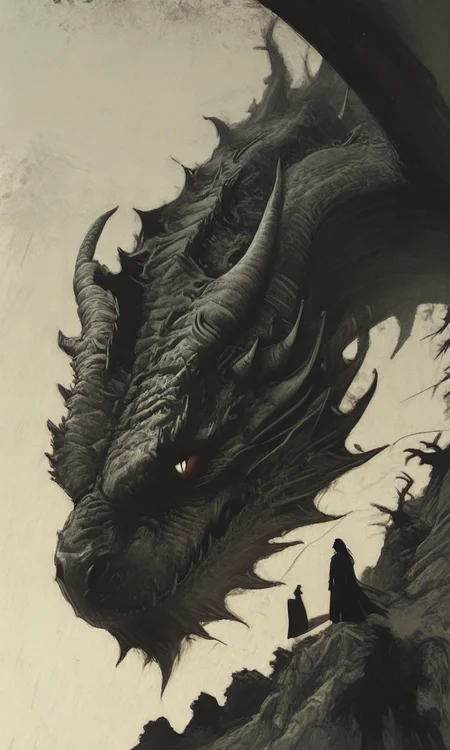 masterpiece, absurdres, A dark ominous dragon looms over a lone figure on a cliff with a dramatic moody atmosphere and a low-angle perspective.<lora:HyperdetailedIllustrationIll:0.8>,  <lora:- iLL - af_colorfull_illustration_V1.0-step00008000:.6>   <lora:ck-painterly-fantasy-IL:0.8>  <lora:DelicateWhimsyIllustrious:0.8>  <lora:negative-space-merged-3:0.8> negative space