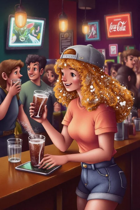 illustration.
 The air buzzes with the energy of a busy bar, a mix of music, conversation, and the clinking of glasses. A barmaid, the embodiment of youthful vibrancy, navigates the lively scene. She wears a peach-coloured T-shirt, the soft fabric contrasting with the smooth, cold glass of coke she carries on a small tablet. Her short skirt adds a playful touch, and a backwards baseball cap hints at a carefree attitude. The setting and atmosphere are palpable: the warm, slightly sticky surface of the bar counter under her fingertips, the dim, colourful lighting that casts playful shadows. Sensory details are abundant: the condensation forming on the glass of coke, the texture of her denim skirt, and the way the bar lights catch the highlights in her hair. Her confident stride, her quick smile, and her efficient movements. Stylistically, the image draws inspiration from the vibrant, candid shots of nightlife photographers, with a touch of the stylized realism found in contemporary illustration. There's a deliberate contrast between the barmaid's youthful energy and the slightly worn, lived-in atmosphere of the bar, creating a dynamic and engaging image. <lora:alicesa1_cap_d6a3:1.0><lora:830673742213630830:0>