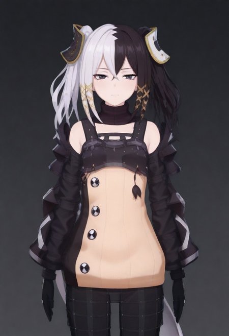 masterpiece, best quality, amazing quality,,, shiny skin,,,,,,<lora:Zesshi_Zetsumei:1> Z3ssh1Z3ts0m31, white hair, multicolored hair, black hair, long hair, two-tone hair, black eyes, gloves, jewelry, black gloves, hair ornament, skirt, pantyhose, ribbon,
