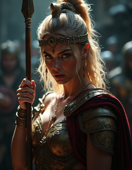 fantasy setting, beautiful ancient Roman goddess, Bellona, slim, warrior, bloodshed, rage, violence, ethereal, supermodel,thumb, spear, shield, wearing roman soldiers' armor, detailed skin, skin pores, detailed face, jewelry, celestial, intricated skin, realistic, photorealistic, rim lights, dark shadows, cinematic scene <lora:FluxMythP0rtr4itStyle:0.5>