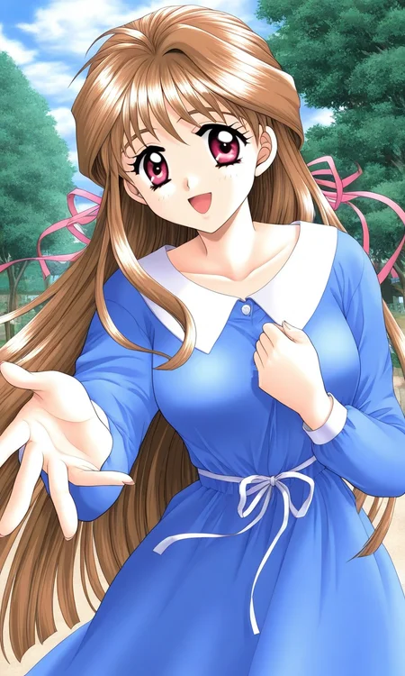 general,highres, ultra-detailed,very aesthetic,best quality ,best hands, BREAK <lora:Minamizato_Ai_kakyuusei_Ver2.0_IS:1> Minamizato_Ai(kakyuusei), open mouth,
1girl, solo, brown hair, long hair, bangs, red eyes, brown eyes, breasts, hair ribbon, pink ribbon, breasts,
outdoors, day, tree, smile, sky, cloud, long sleeves, blue dress, looking at viewer, very long hair, collarbone, upper body, pink eyes