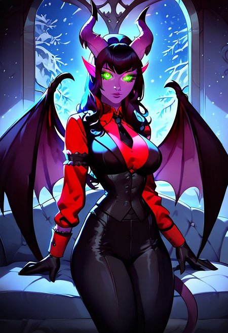 score_9, score_8_up, score_7_up, smooth style, 1girl, beautiful, purple tiefling, large breasts, large demon wings, perfect face, perfect eyes, sexy, beautiful eyes, perfect cute face, cute nose, Nose bridge, masterpiece, best quality, godrays, green pupils, glowing, glowing eyes, extra detailed, high res, indoors, couch, fireplace, night, window, snow, red shirt, black necktie, long sleeves, arm garter, black gloves, black vest, waistcoat, black pants,,