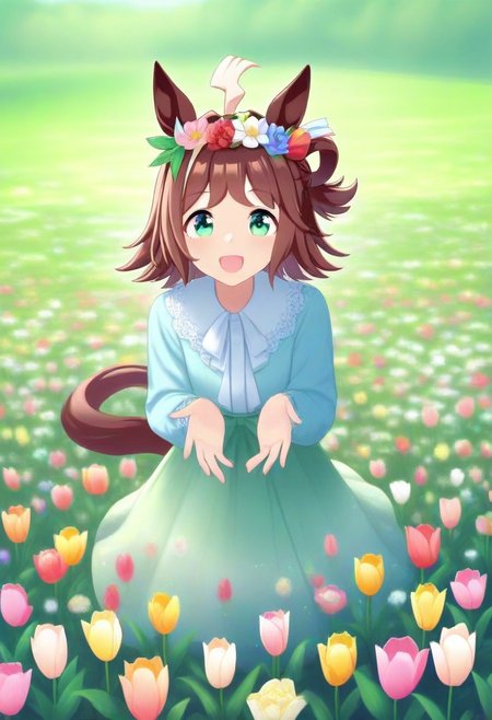 Tulip flower hair_ornament, (umamusume, rhein_kraft_(umamusume), horse_ears, horse_girl, tail, 1girl, ahoge, animal_ears,)
casual, field, flower, flower_field, green_eyes, hair_between_eyes,
head_wreath, looking_at_viewer,  solo, aesthetic, absurdres, symmetric ,spiralling vortex made of multicoloured tulips, lush foliage sunrise,  ripples, reflective, jaynl-tm, rainbow, , g0ldsw0rthy,
(realistic, photo,  artistic, medium_hair, one_eye_closed, petals, relaxing, smile,  : 0.7)
