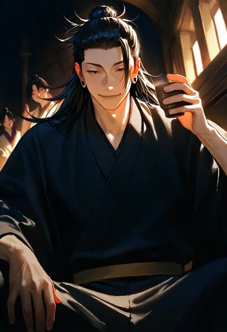 1boy, black hair, beautiful, {{detailed eyes}}, {long hair|man bun} \(hairstyle\), black top, {{detailed face}}, semi-realistic painting, {{aesthetic}}, {{{best quality}}}, stunning, soft features, looking at viewer, wide angle, dark, {smug} \(expression\), {{detailed hands}}, detailed fingers, five fingers \(hands\), sitting, in the temple, drinking traditonal japanese tea, getou suguru, male focus, ear piercing, black kimono <lora:DetailedEyes_V3:1>