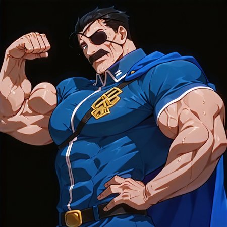 RESET, score_9,score_8_up,score_7_up, Highest Quality, 4k, masterpiece, Amazing Details, best quality, detailed image, (good illumination), source_furry, rating_explicit, proportionate body, BREAK, solo, daddy, high testosterone, bara, (hyper muscles:1.5), handsome, sexy, confident, badass, (sexy grin:1.0), (hyper pectorals:1.8), (hyper biceps:1.8), (looking at viewer:3.0), (black background:3.5), close up, (upper body focus:3.5), (six pack abs:1.3), (veiny muscle:1.3), (sweaty:1.3), 
(detailed eyes:2.0), (detailed face:2.0), (perfect face:2.0), (perfect eyes:2.0), 
(side view:4.0), 
(standing:3.1), 
(hand on hips:2.0),  (flexing one hand:2.0),
mustache, (eyepatch:2.0), black hair, (short hair),
(military uniform), blue jacket, blue butt cape,