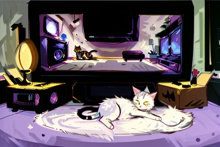 <lora:Mission_Hill_Style_-_1999-000011_11:1>, livingroom, scenery, couch, no_human, cat sleeping, TV on, dark room,<lora:LCM_SD15:1.0>