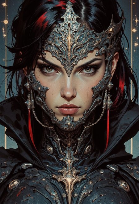closeup portrait a ceramic oriental cyberpunk cyborg girl, black hair with red streak, dark eyeshadow, red lips, direct gaze, dark cyberpunk background