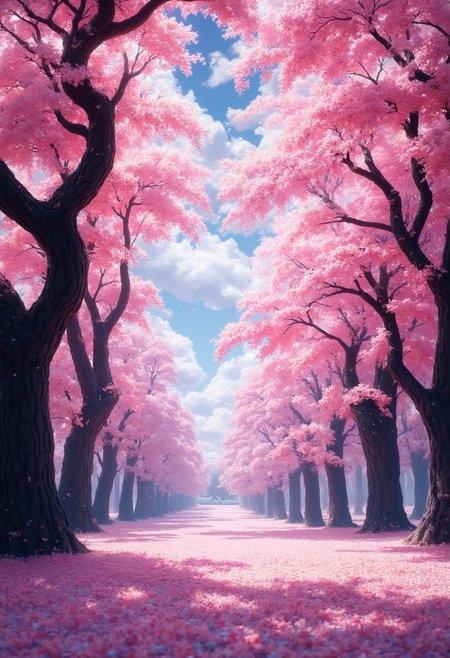 cherry blossom trees, Sakura Fubuki, A carpet of cherry blossom petals, 
( Calm spring morning landscape), beautiful view, cherry blossom trees, Sakura Fubuki, A carpet of cherry blossom petals, early morning, sunrise sky, beautiful clouds, dappled sunlight, 
A wonderful waka-like landscape, 
depth of field, masterpiece, best quality, ultra-detailed, very aesthetic, illustration, perfect composition, intricate details, absurdres, moody lighting, wisps of light, no humans,